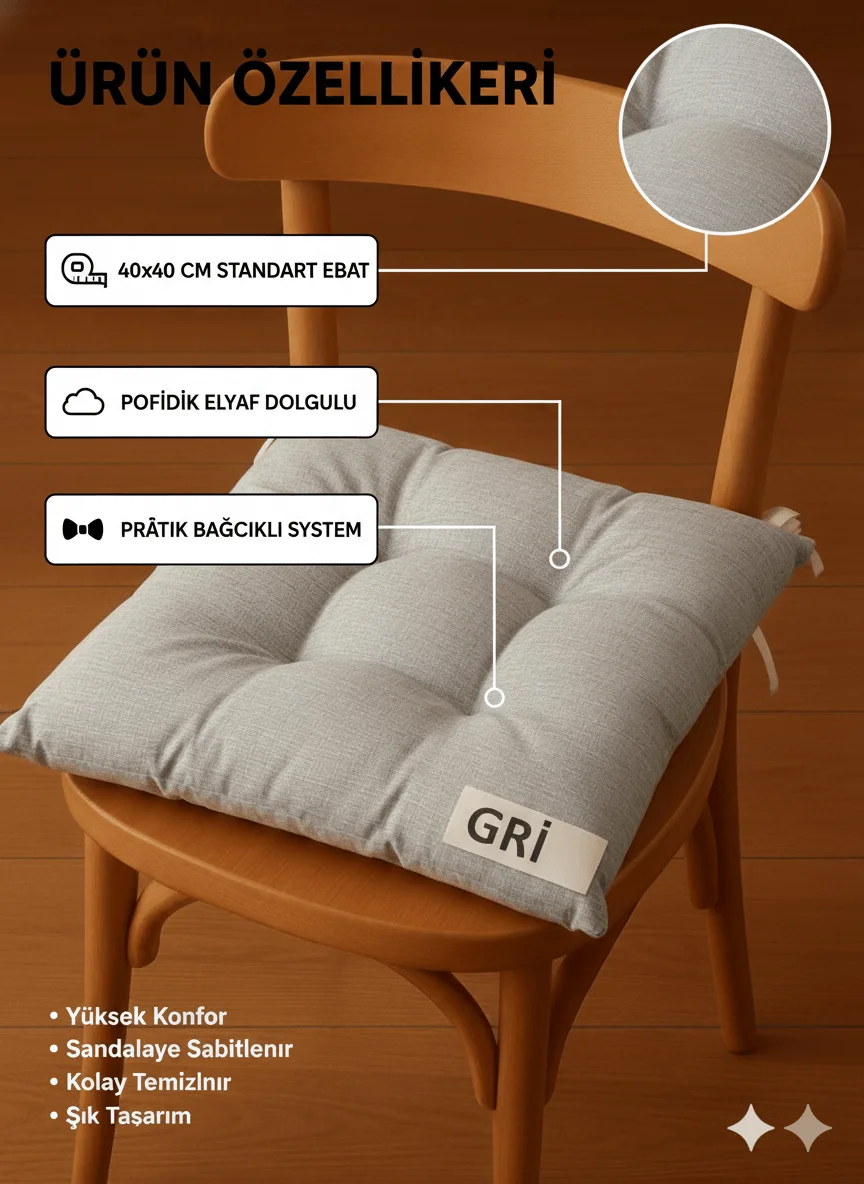 4'lü Bahçe, Balkon, Salon Sandalye Minderi, Bağcıklı