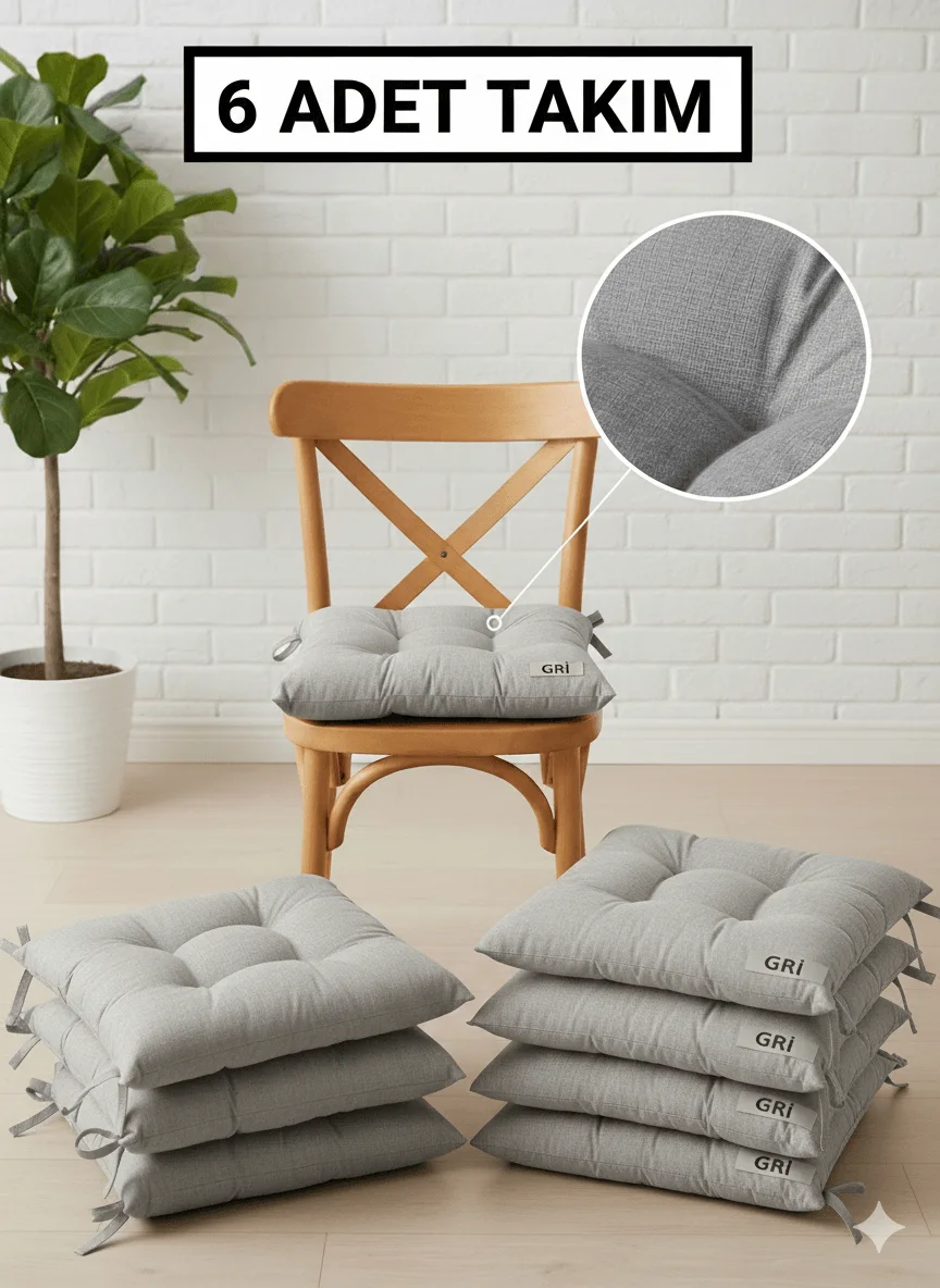 6 Adet Sandalye Minderi, Bağcıklı, 40x40 Ebatında