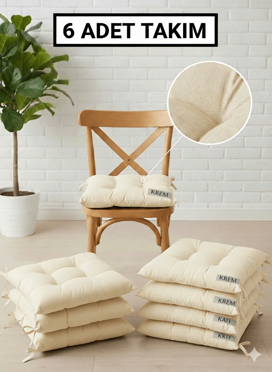 6 Adet Sandalye Minderi, Bağcıklı, 40x40 Ebatında